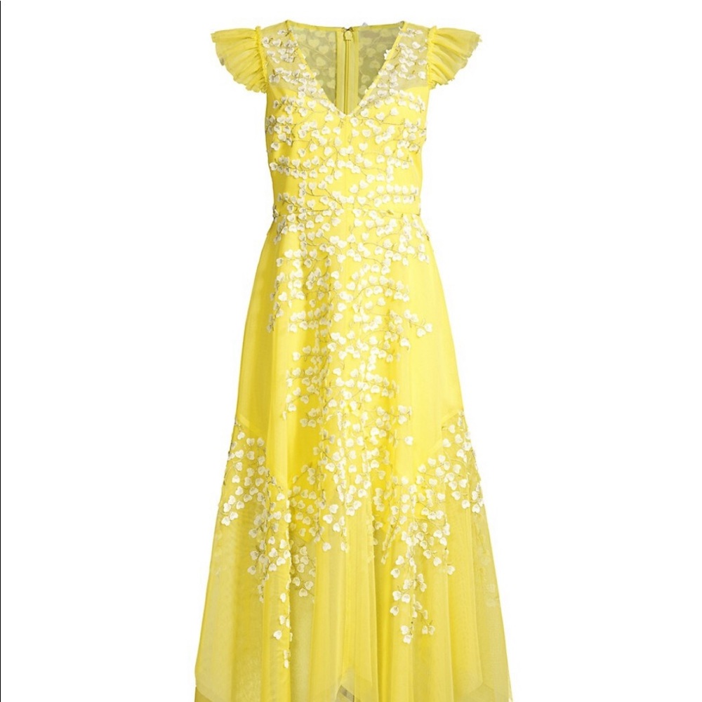 BCBG BCBGMAXAZRIA WOMEN'S EMBROIDERED TULLE RUFFLE DRESS IN AURORA Yellow Gown